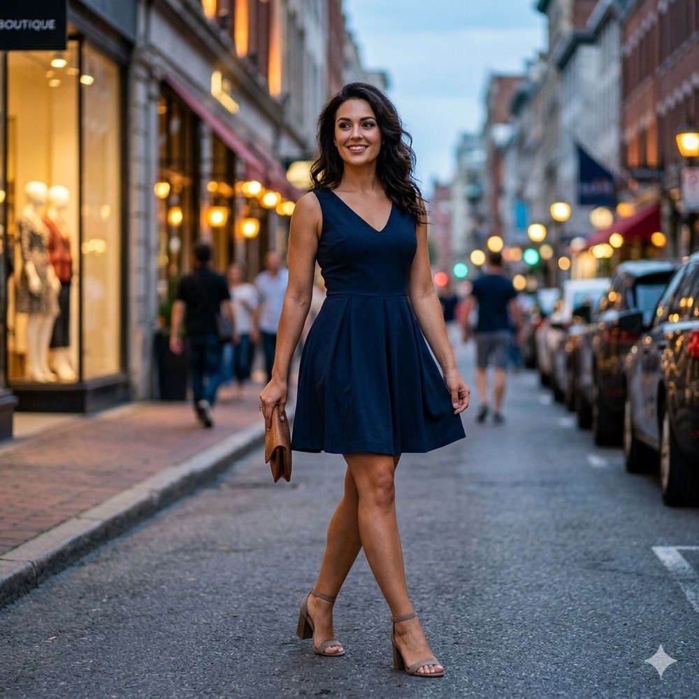 Dizzylissy Navy Blue V-Neck Fit and Flare Pleated Skater Dress Small